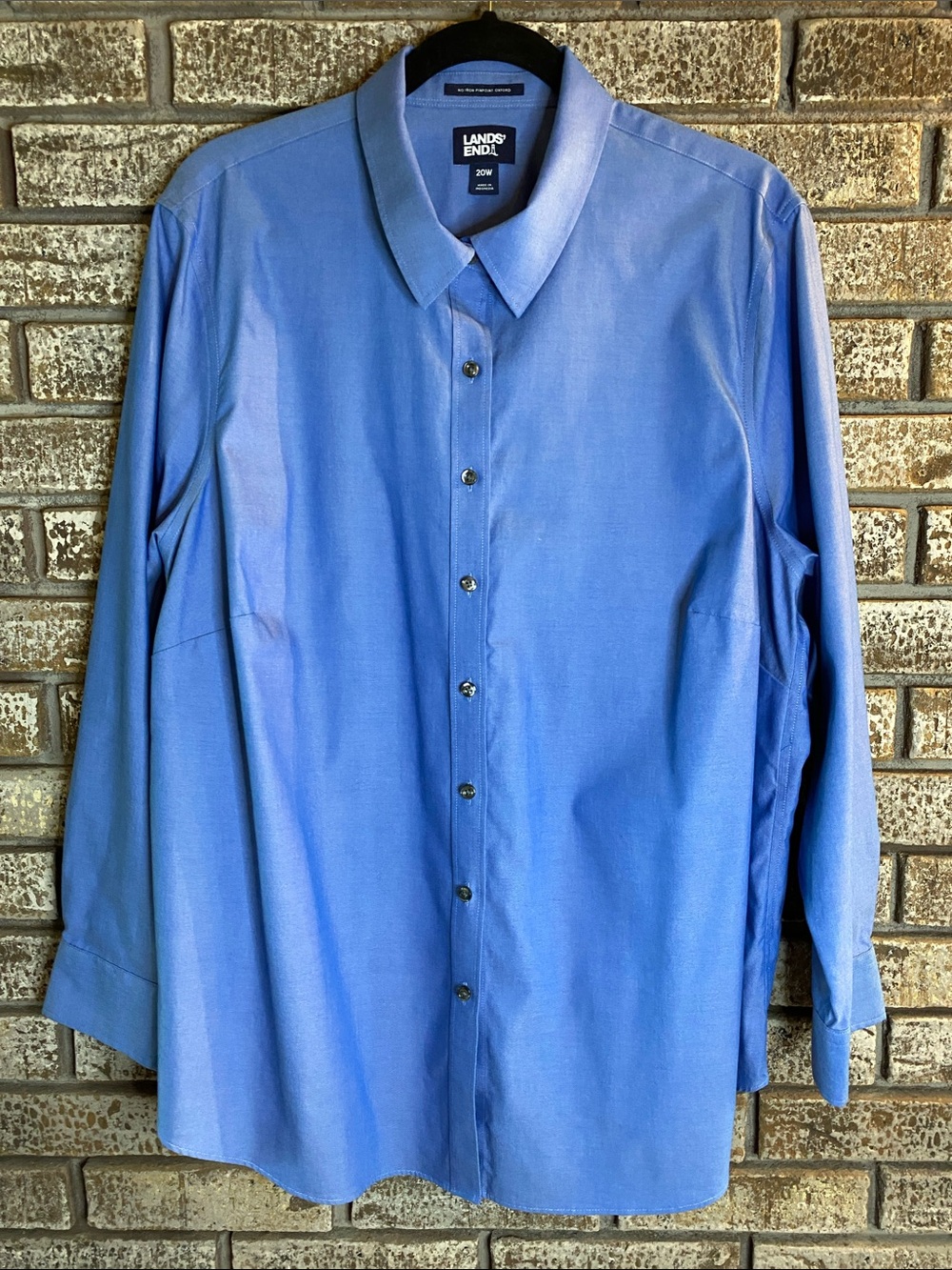Lands' End Oeko-Tex Woman’s Blue Button-Up No Iron Pinpoint Oxford Dress Shirt